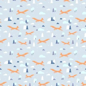 Winter seamless pattern with running fox. Silhouette Orange fox and threes. V Stock Illustration