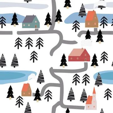 Winter seamless pattern scandinavian landscape, forest, village. Nordic folc art Stock Illustration