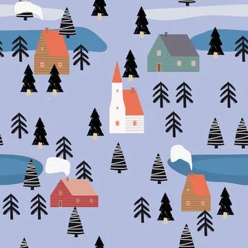 Winter seamless pattern scandinavian landscape, forest, village. Nordic folc art Stock Illustration