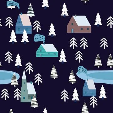 Winter seamless pattern scandinavian landscape, forest, village. Nordic folc art イラスト素材