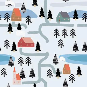 Winter seamless pattern scandinavian landscape, forest, village. Nordic folc art Stock Illustration