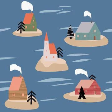 Winter seamless pattern scandinavian landscape, sea, village. Nordic folc art Stock Illustration