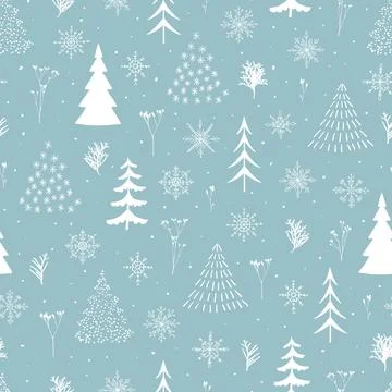Winter seamless pattern with simple minimalist trees on white background. Stock Illustration