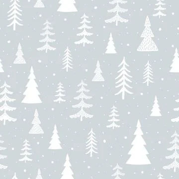Winter seamless pattern with simple minimalist trees on white background. Stock Illustration