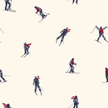 Winter seamless pattern with skiers and snowboarders skiing downhill vector Stock Illustration