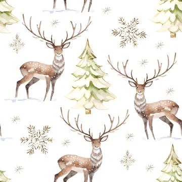 Winter seamless pattern with snow, Christmas tree and deer, watercolor Stock Illustration