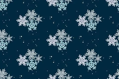 Winter seamless pattern. Snowflakes on a dark blue background. A sketch. Stock Illustration