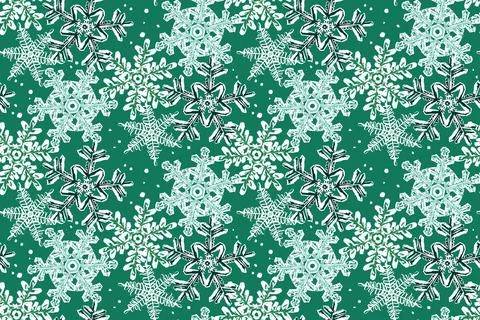 Winter seamless pattern. Snowflakes on a green background. Sketch. Stock Illustration