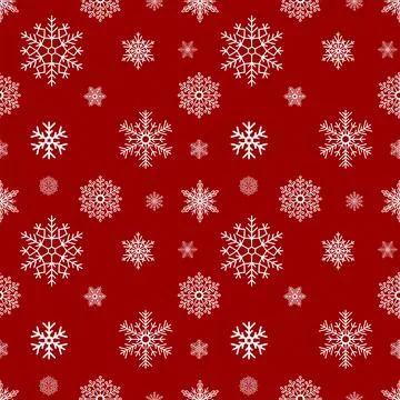 Winter seamless pattern of snowflakes, white continuous pattern on red back.. Stock Illustration