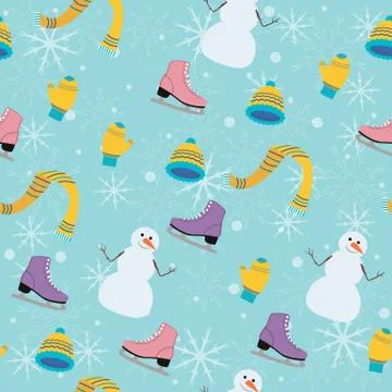 Winter seamless pattern with snowman on turquoise background. Stock-Illustration