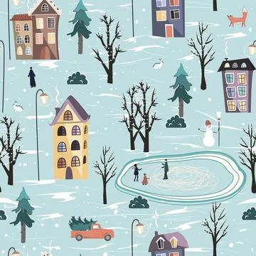 Winter seamless pattern with snowy town landscape. Beautiful Christmas Natu.. Stock Illustration