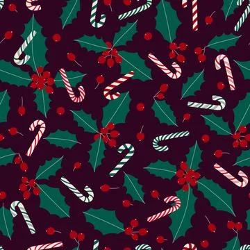 Winter seamless pattern with stylized holly leaves, berries and candy canes.  Stock Illustration