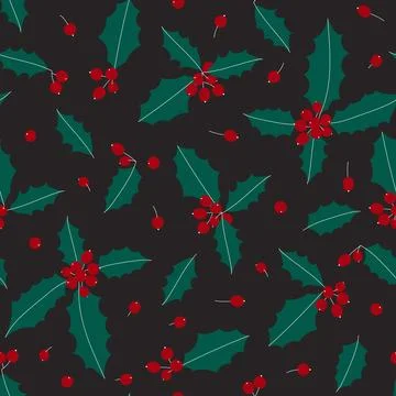 Winter seamless pattern with stylized holly leaves and berries. Vector back.. Stock Illustration