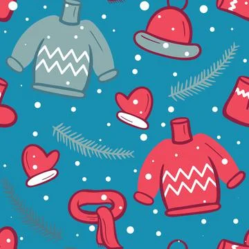 Winter seamless pattern with sweaters, hats, scarves and mittens. Stock Illustration