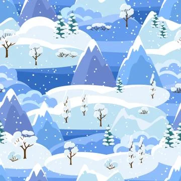 Winter seamless pattern with trees, mountains and hills. Seasonal landscape Illustrazione stock