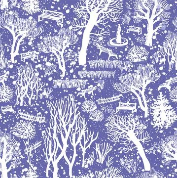 Winter seamless pattern with trees in the snow in park on very peri. Stock Illustration