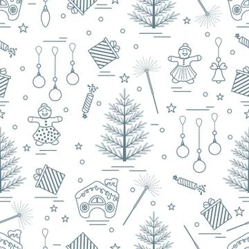 Winter seamless pattern with variety Christmas elements:  tree, balls, petard Stock Illustration