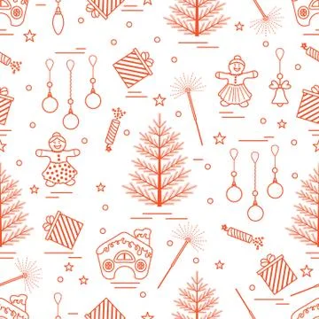 Winter seamless pattern with variety Christmas elements:  tree, balls, petard 스톡 일러스트