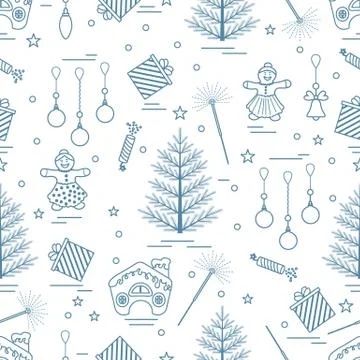 Winter seamless pattern with variety Christmas elements:  tree, balls, petard Stock Illustration