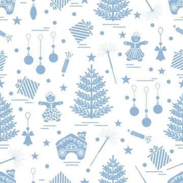 Winter seamless pattern with variety Christmas elements:  tree, balls, petard Stockillustratie
