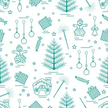 Winter seamless pattern with variety Christmas elements:  tree, balls, petard Stock Illustration
