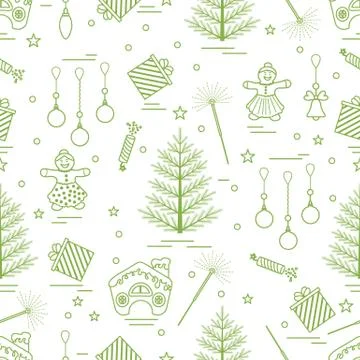 Winter seamless pattern with variety Christmas elements:  tree, balls, petard Illustrazione stock