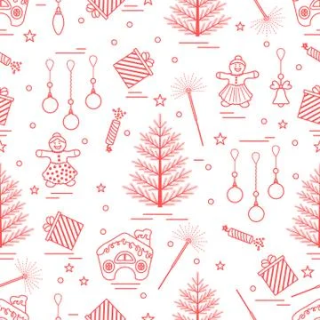 Winter seamless pattern with variety Christmas elements:  tree, balls, petard Illustrazione stock