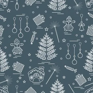 Winter seamless pattern with variety Christmas elements:  tree, balls, petard Illustrazione stock