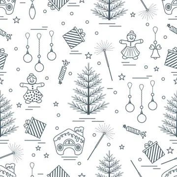 Winter seamless pattern with variety Christmas elements:  tree, balls, petard Stock Illustration