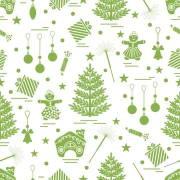 Winter seamless pattern with variety Christmas elements:  tree, balls, petard Stock Illustration