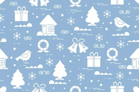 Winter seamless pattern with variety Christmas elements: christmas tree, gift Stock Illustration
