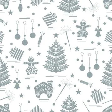 Winter seamless pattern with variety Christmas elements:  tree, balls, petard イラスト素材