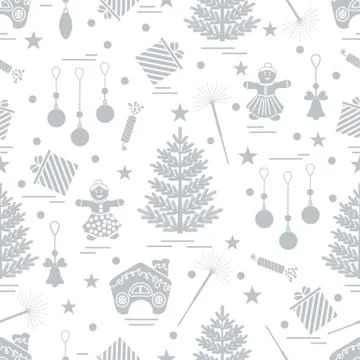 Winter seamless pattern with variety Christmas elements:  tree, balls, petard Illustrazione stock