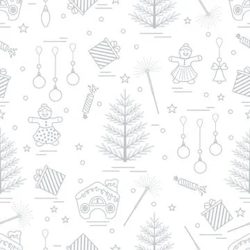 Winter seamless pattern with variety Christmas elements:  tree, balls, petard Stock Illustration