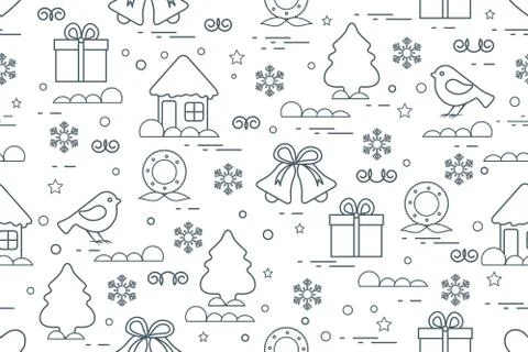 Winter seamless pattern with variety Christmas elements: christmas tree, gift Illustrazione stock