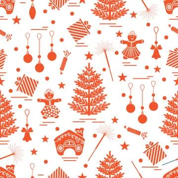 Winter seamless pattern with variety Christmas elements:  tree, balls, petard 스톡 일러스트