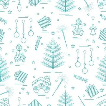Winter seamless pattern with variety Christmas elements:  tree, balls, petard Stock Illustration
