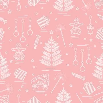 Winter seamless pattern with variety Christmas elements:  tree, balls, petard Stock Illustration
