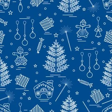 Winter seamless pattern with variety Christmas elements:  tree, balls, petard Illustrazione stock