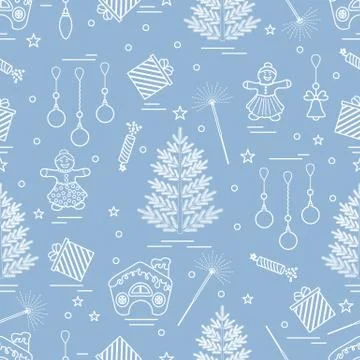 Winter seamless pattern with variety Christmas elements:  tree, balls, petard Stock Illustration