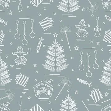 Winter seamless pattern with variety Christmas elements:  tree, balls, petard Illustrazione stock