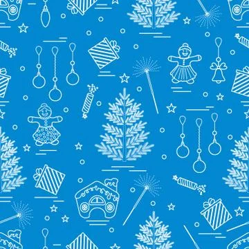 Winter seamless pattern with variety Christmas elements:  tree, balls, petard Stock Illustration