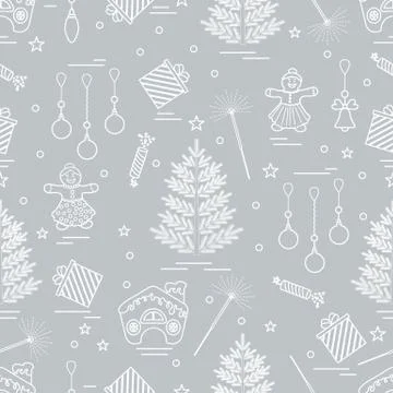 Winter seamless pattern with variety Christmas elements:  tree, balls, petard Illustrazione stock