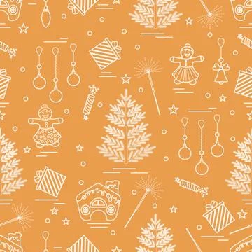 Winter seamless pattern with variety Christmas elements:  tree, balls, petard Stock Illustration