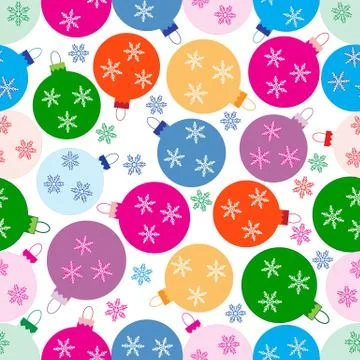 Winter seamless pattern with variety colored Christmas balls with snowflakes. Stock Illustration
