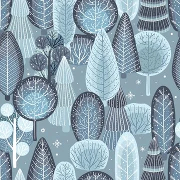 Winter seamless pattern. Vector cute illustrations of nature, landscape, trees Stockillustratie