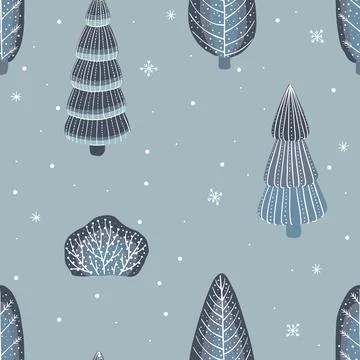 Winter seamless pattern. Vector cute illustrations of nature, landscape, trees 스톡 일러스트