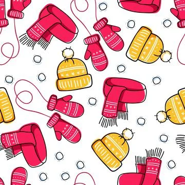 Winter seamless pattern with Warm knitted clothes. Red and yellow Winter Stock Illustration