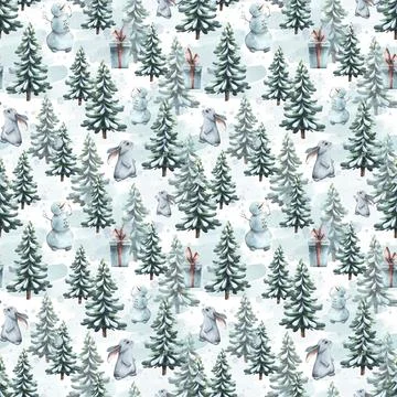 Winter seamless pattern on a white background with Christmas trees, hares Illustrazione stock
