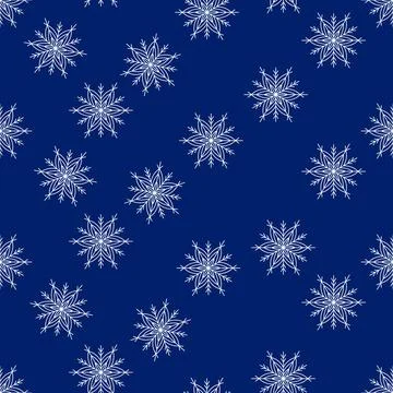 Winter seamless pattern with white snowflakes on blue background. Vector Stock Illustration